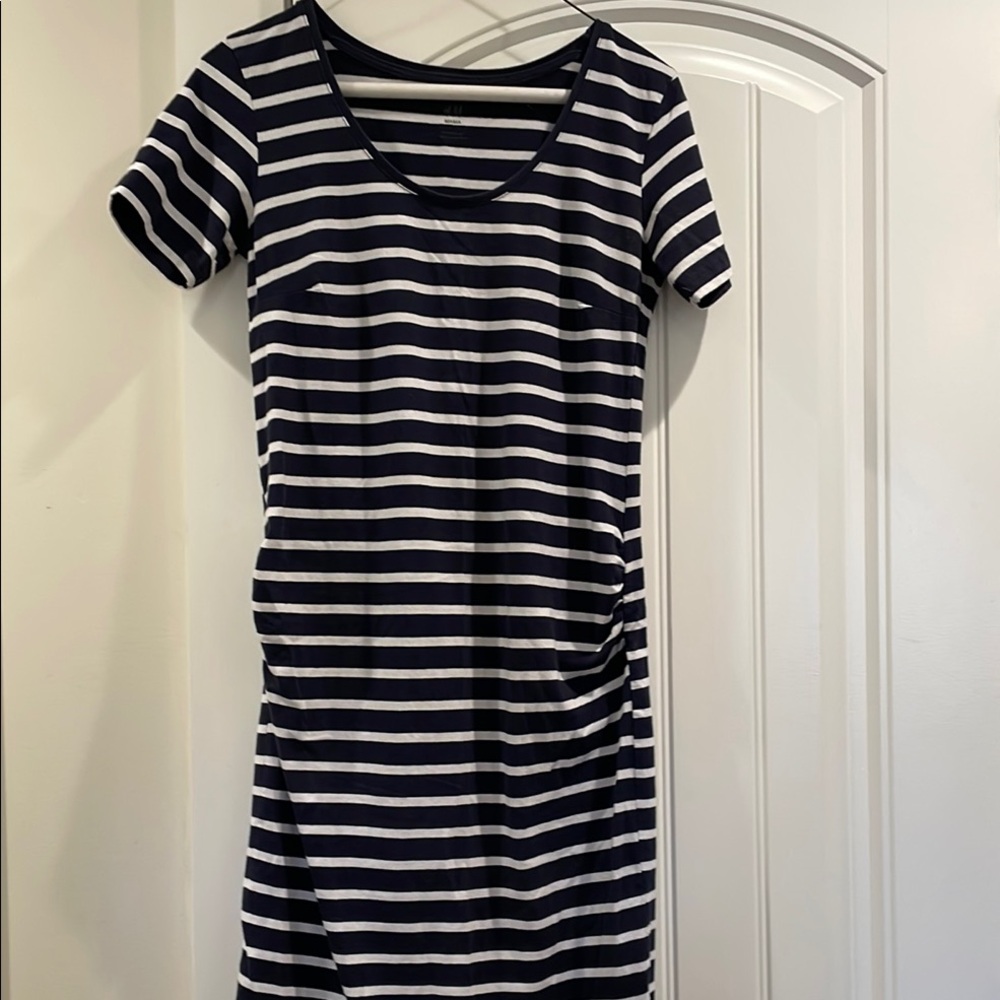 H&M Mama Navy and White Striped Mini Maternity Dress